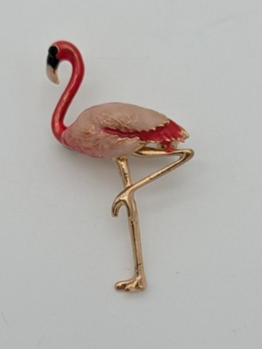 Flamingo brooch pin coral pink enamel gold tone standing on one leg
